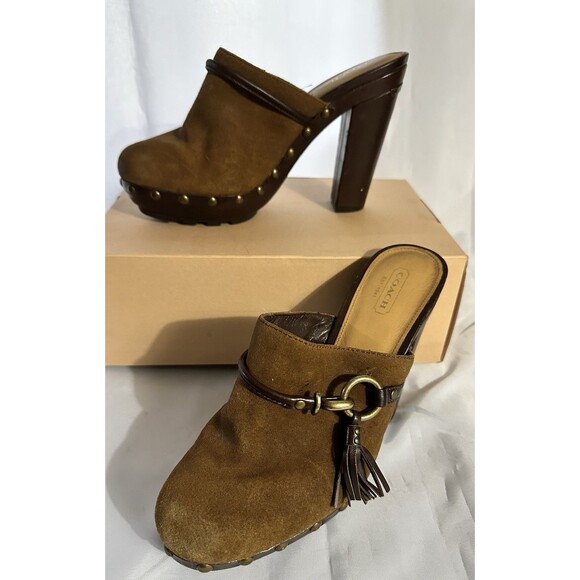 Womens Coach RANA Mules Brown Leather Suede  W/Block Heels Studs & Tassel Sz 8.5 - Picture 1 of 13